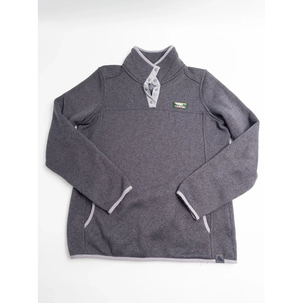 LL Bean Fleece Sweater Mens M Gray Snap Mock Neck Pockets 1/4‎ Pullover Outdoor